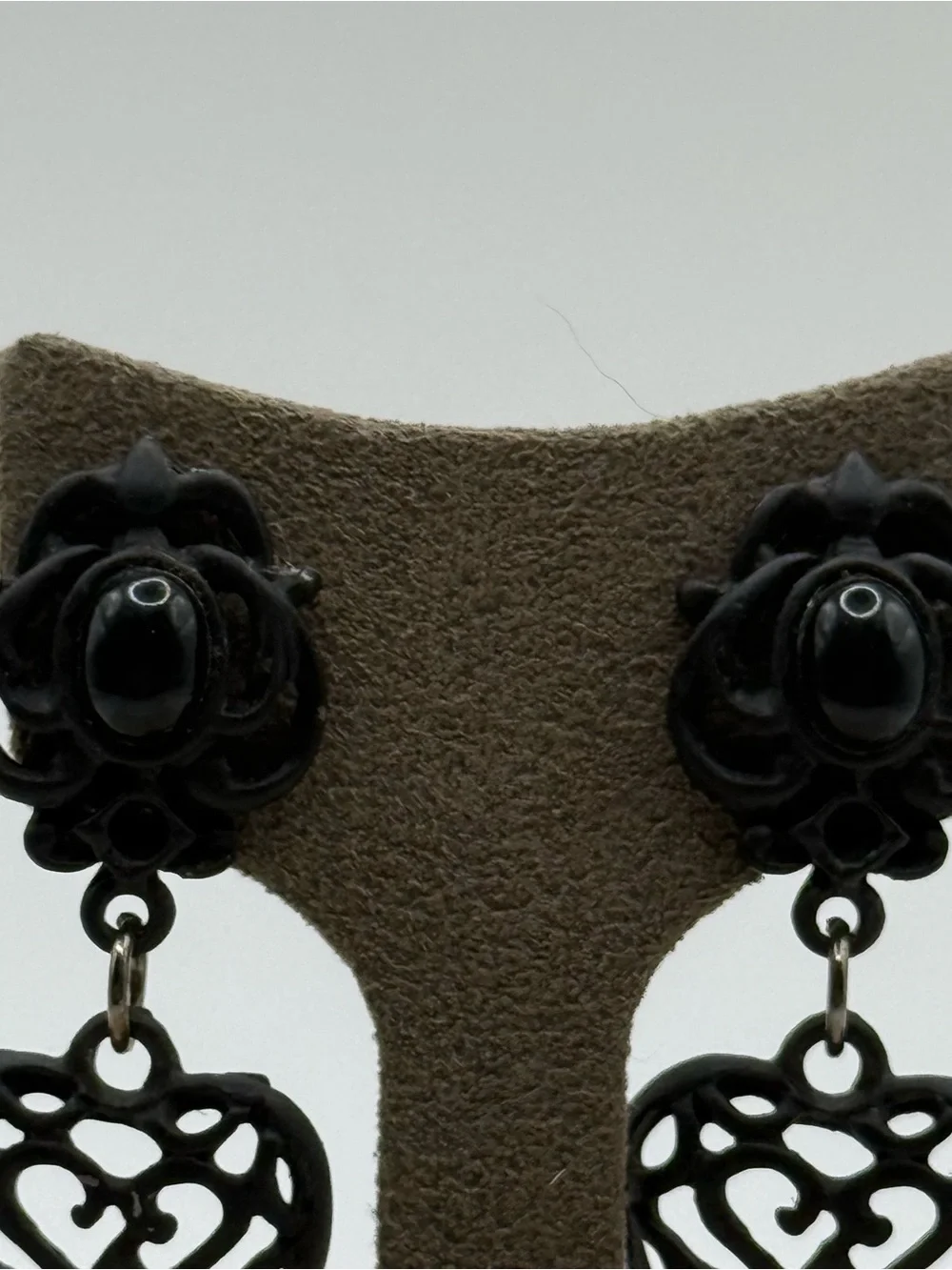 Vintage Black Filigree Heart Drop Earrings